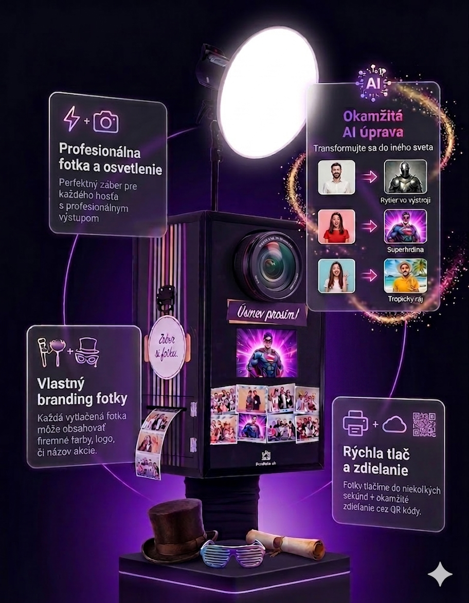 FunFoto búdka – predstavenie funkcií: osvetlenie, AI úprava, branding, tlač
